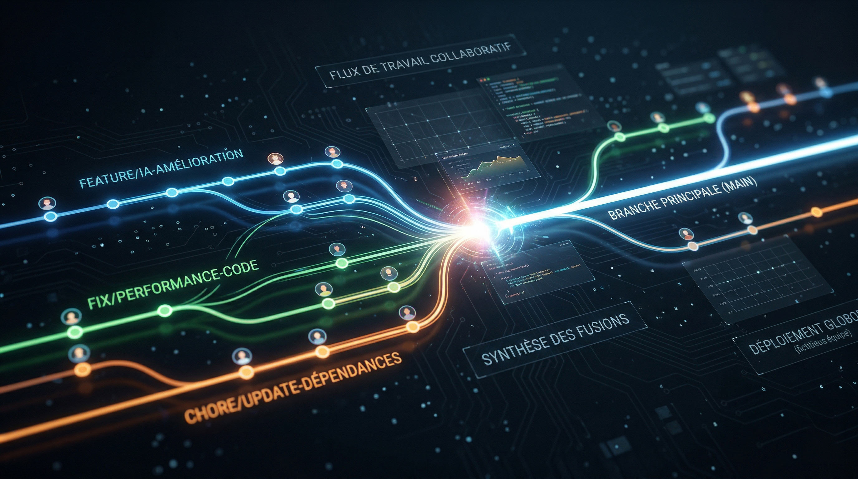 Vue abstraite de branches Git convergeant, collaboration et flux de travail